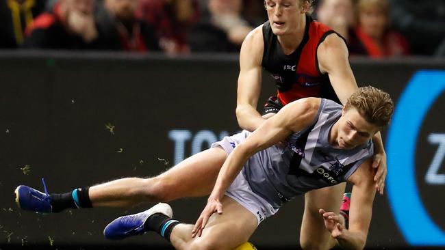 Xavier Duursma of the Power and Mason Redman of the Bombers during the 2019 AFL round 20 match at Marvel Stadium. Picture: Getty Images