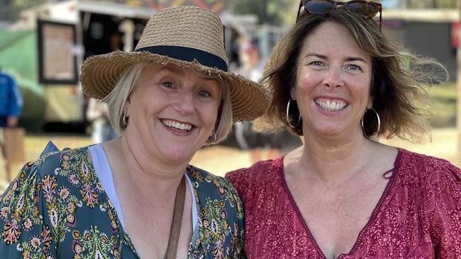 Annette Lee and Karen Parkins, from Ballina, enjoy day one of the 2024 Gympie Muster, at the Amamoor State Forest on August 22, 2024.