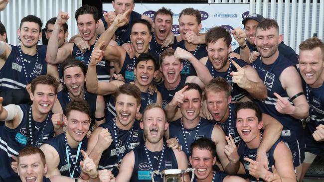 Caulfield celebrate their win after the VAFA (Premier B) Grand  Final: Caulfield Grammarians v Old Scotch game played at Elsterwick. Saturday, September 21. 2019. Picture: David Crosling