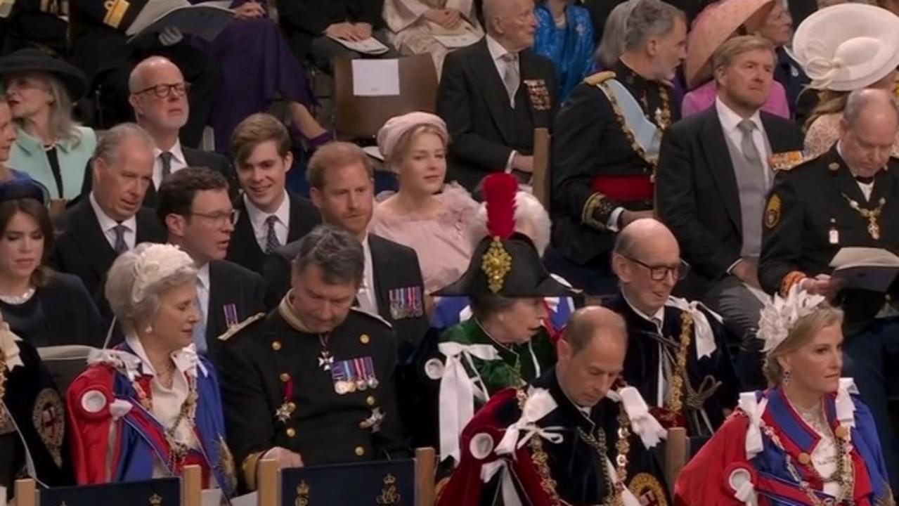 Prince Harry inside Westminster Abbey, sitting two rows down from Prince Edward and Sophie, the Duke and Duchess of Edinburgh. Picture: Sky News