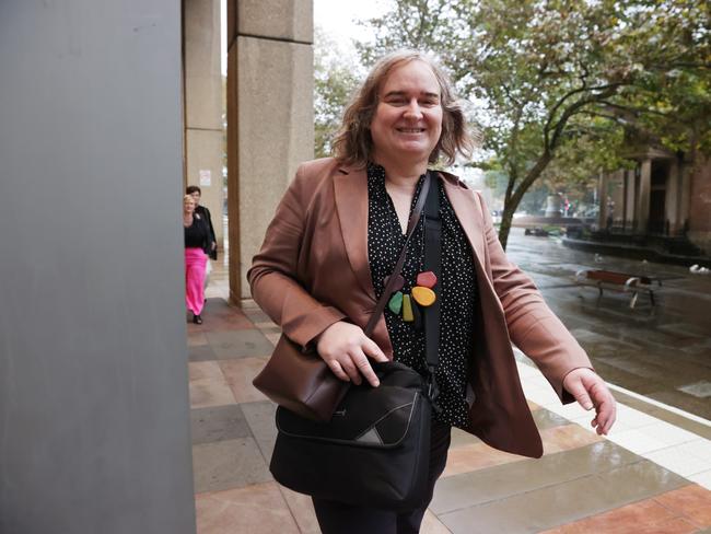 Transgender woman Roxanne Tickle leaving court in the Giggle v. Tickle hearing. Founder of the female-only networking app Giggle for Girls Sall Grover is being sued for discrimination by male trans rights activist Roxanne Tickle (who identifies as a woman) after Grover removed him from her app on the basis he is a man. Jane Dempster/The Australian