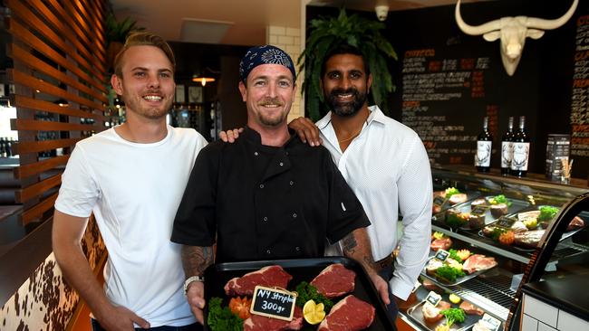 Head chef Barry Taylor (centre) with manager Kurt Kleingeld and general manager Amrit Singh at the new ICM Steak House at Willows. Picture: Evan Morgan