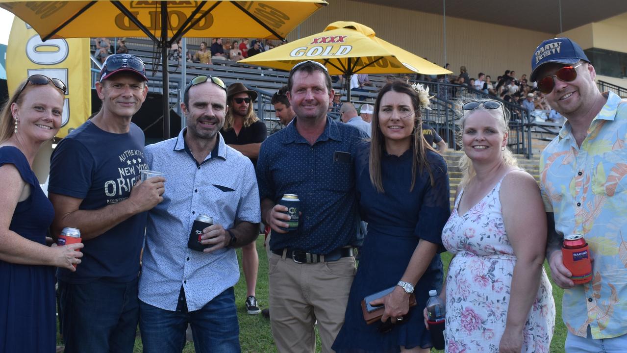 (Left to right) Kathy Boyd, Steve Boyd, Simon Neale, Jason Kirk, Elisha Kirk, Leonie Galvin and Brad Galvin at the Brown Macaulay &amp; Warren Gympie Cup Day, 2021.