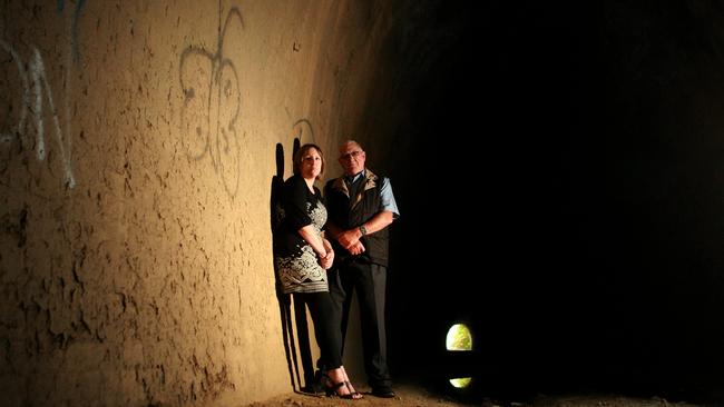 John Vincent with his daughter Jenny Davies at Redbank Range Tunnel in 2010. Picture: Nic Gibson