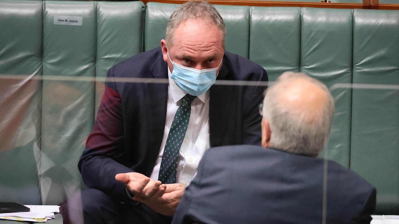 Prime Minister Scott Morrison and Barnaby Joyce during Question Time in Parliament House on Thursday. Picture: Gary Ramage/NCA NewsWire