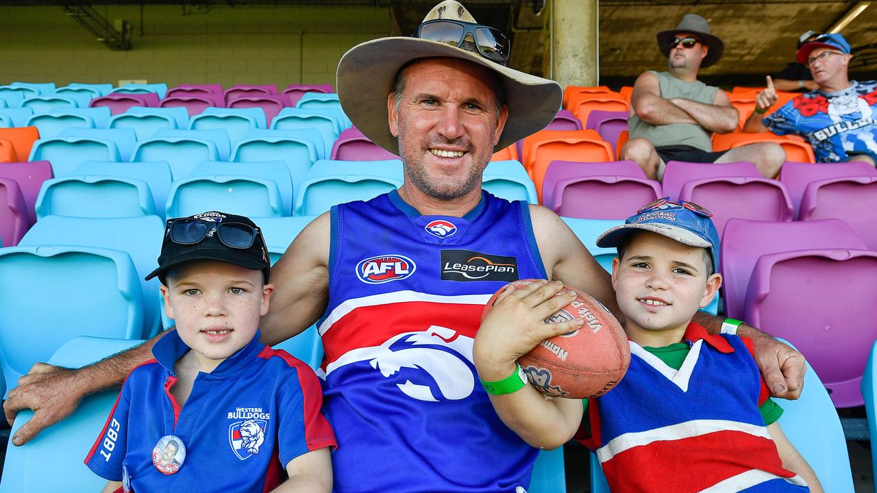 Archie Rolls, Barney Rolls and Western Rolls hoping for a Bulldogs win at TIO Stadium. Picture: Pema Tamang Pakhrin