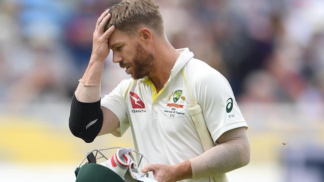 BIRMINGHAM, ENGLAND - AUGUST 03: Australia batsman David Warner reacts after he is given out after review during Day three of the First Specsavers Test Match at Edgbaston on August 03, 2019 in Birmingham, England. (Photo by Stu Forster/Getty Images)