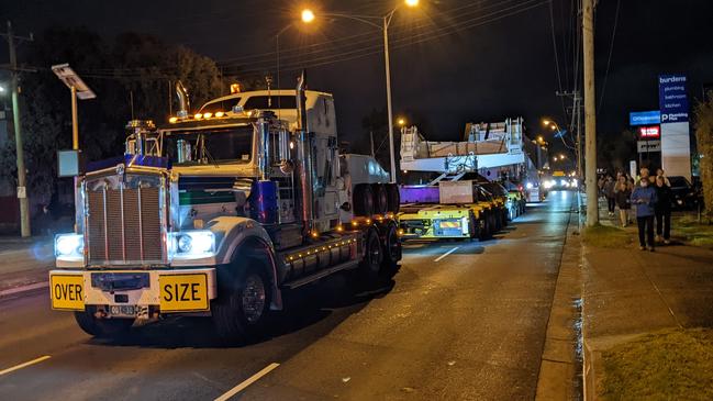 The superload departs Wilson's Transformers in Glen Waverley and begins its journey down Springvale Rd. Picture: Kiel Egging.