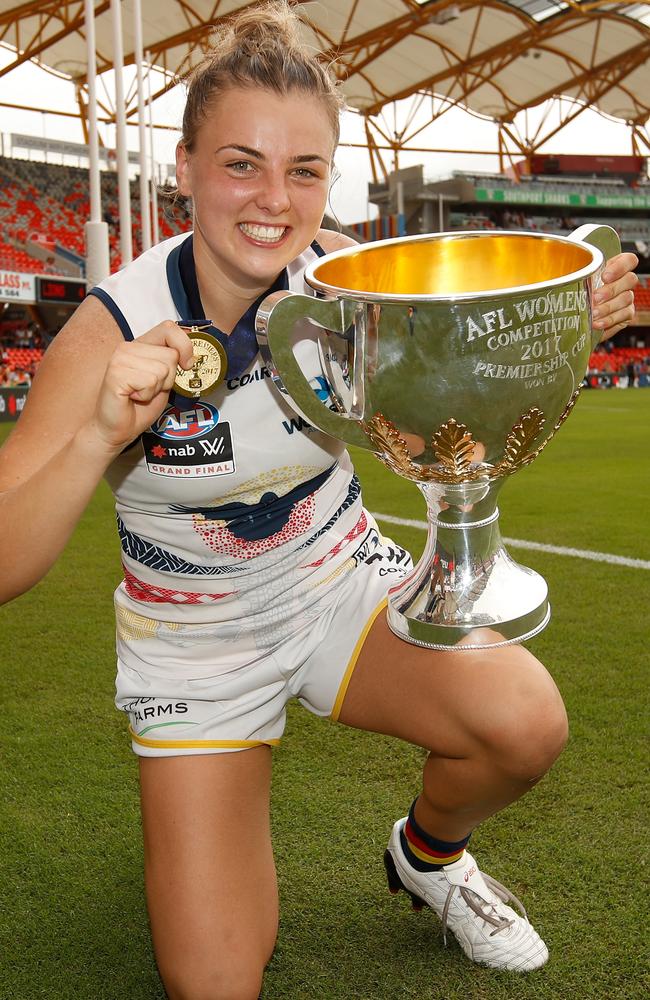 A teenage Ebony Marinoff after the Crows won the 2017 AFLW premiership. Picture: Michael Willson/AFL Media/Getty Images