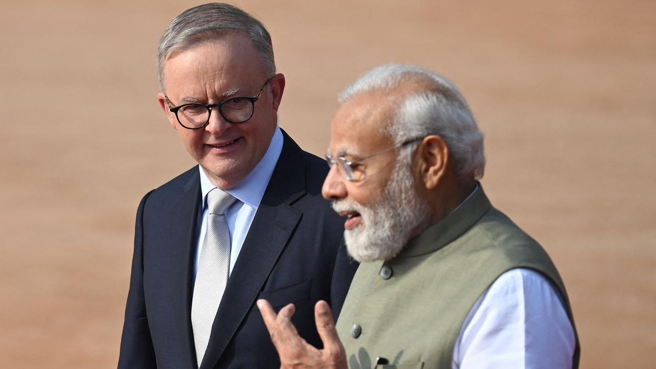 Indian Prime Minister Narendra Modi with Australian Prime Minister Anthony Albanese on a recent visit to India. Picture: Money Sharma/AFP