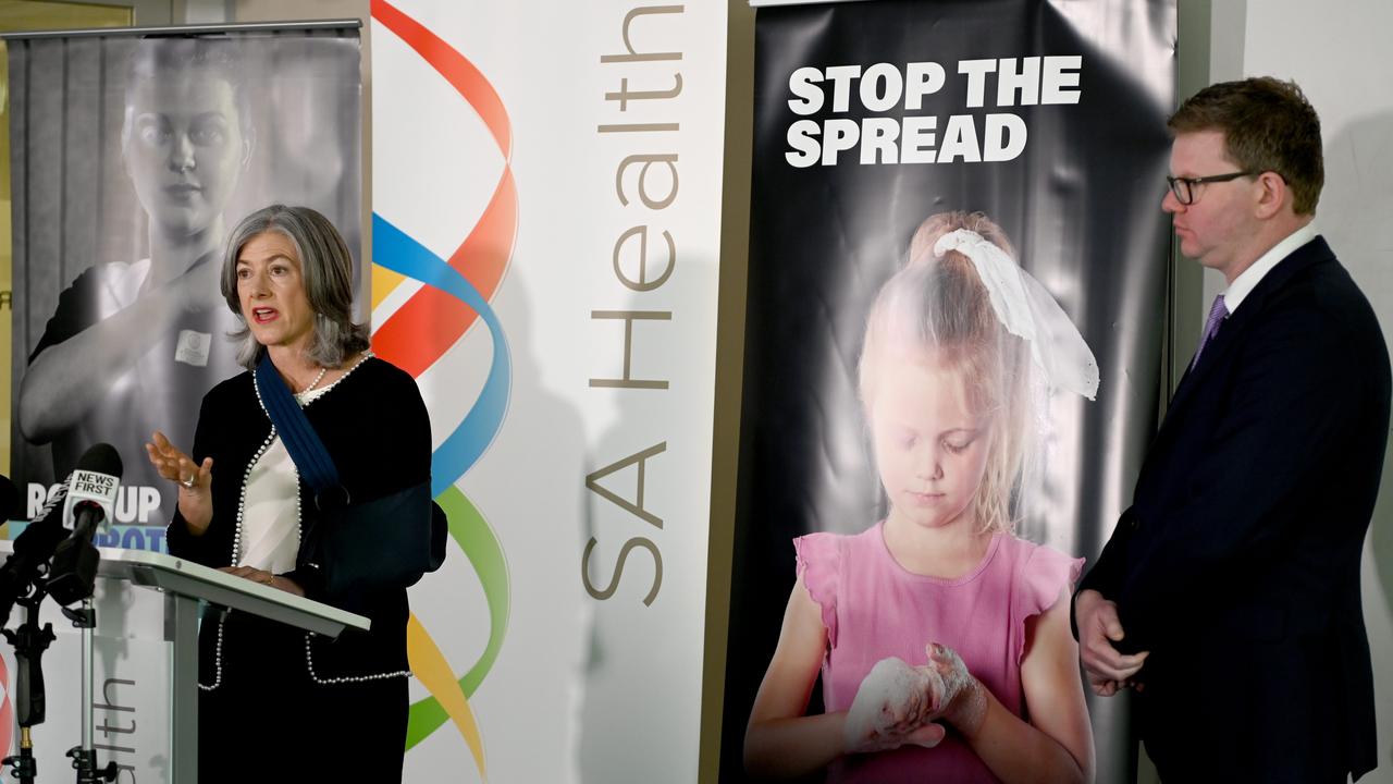 Professor Nicola Spurrier speaking at a press conference with Health Minister Chris Picton Picture: NCA NewsWire / Naomi Jellicoe