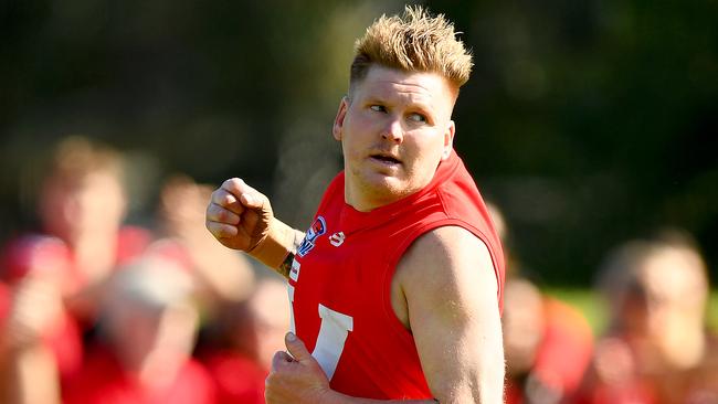 Mark Jamieson of East Brighton celebrates kicking a goal during the 2023 Southern Football Netball League Division 2 Seniors Qualifying Final match between East Brighton and Doveton at Ben Kavanagh Reserve in Mordialloc, Victoria on September 2, 2023. (Photo by Josh Chadwick)