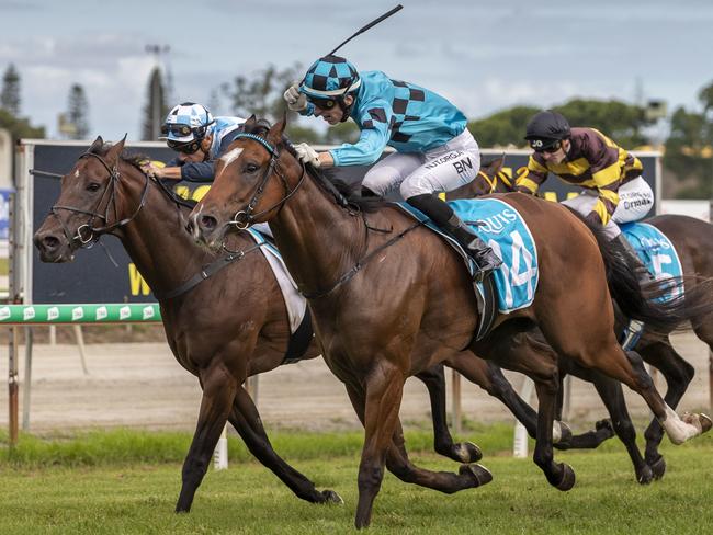 Baylee Nothdurft rides Usmanov to victory in race 6, the Canadian Club &amp; Dry Open Handicap, during the QTIS Jewel Raceday at Aquis Park on the Gold Coast, Saturday, March 14, 2020. (AAP Image/Glenn Hunt)