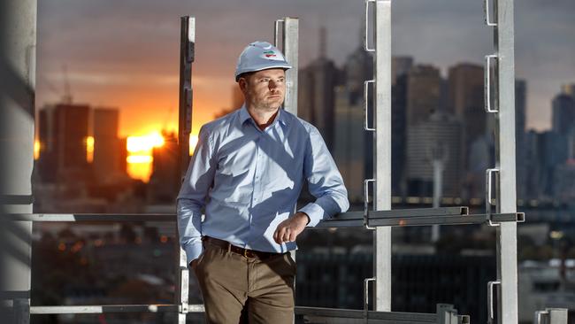 Property developer Sam Tarascio on the roof of the construction site of $230 million Industry Lanes precinct in Richmond. Picture: David Geraghty