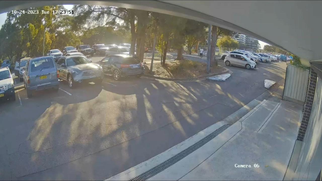 Paul Thijssen loitering outside a Sydney train station in an effort to stalk Lilie James before he killed her. His silver Yaris can be seen on the right. Picture: Supplied.