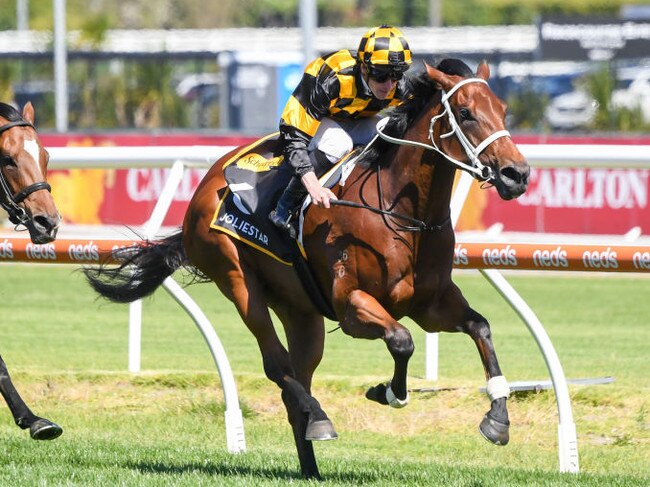 Joliestar ridden by James McDonald wins the Schweppes Thousand Guineas at Caulfield Racecourse on November 18, 2023 in Caulfield, Australia. (Photo by Pat Scala/Racing Photos via Getty Images)