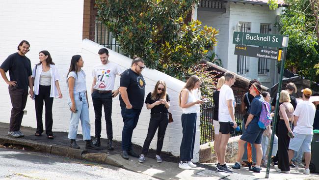 A long line of people waiting to inspect rental accommodation. Picture: Chris Pavlich/The Australian