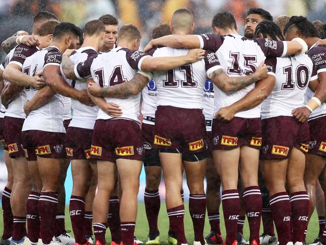 SYDNEY, AUSTRALIA - MARCH 16: The Sea Eagles observe a moments silence for the victims of the Christchurch mosque shootings during the round 1 NRL match between the Wests Tigers and the Manly Warringah Sea Eagles at Leichhardt Oval on March 16, 2019 in Sydney, Australia. (Photo by Matt King/Getty Images)