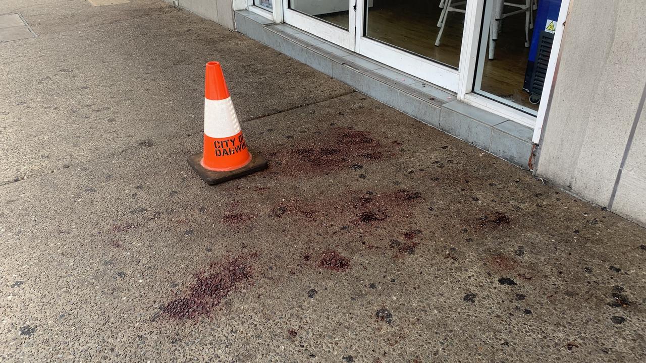 Blood stains the footpath outside Monsoons after the stabbing. Picture: Sierra Haigh