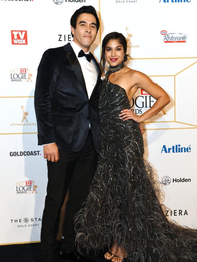 Home and Away real life couple James Stewart and Sarah Roberts make a statement in black. Picture: AAP Image/Dan Peled