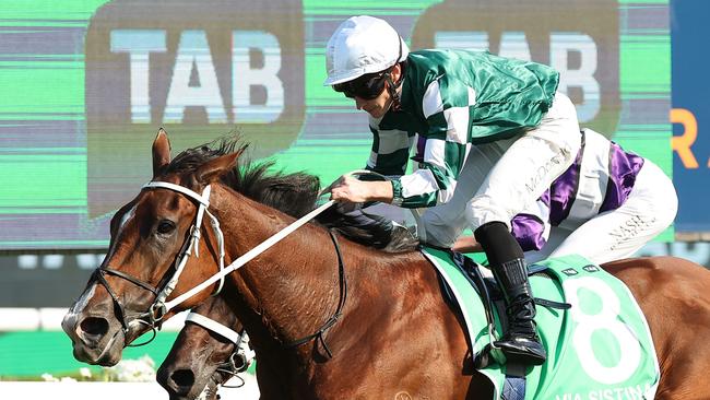 James McDonald gets Via Sistina home in the Group 1 Verry Elleegant Stakes at Royal Randwick. Picture: Jeremy Ng / Getty Images