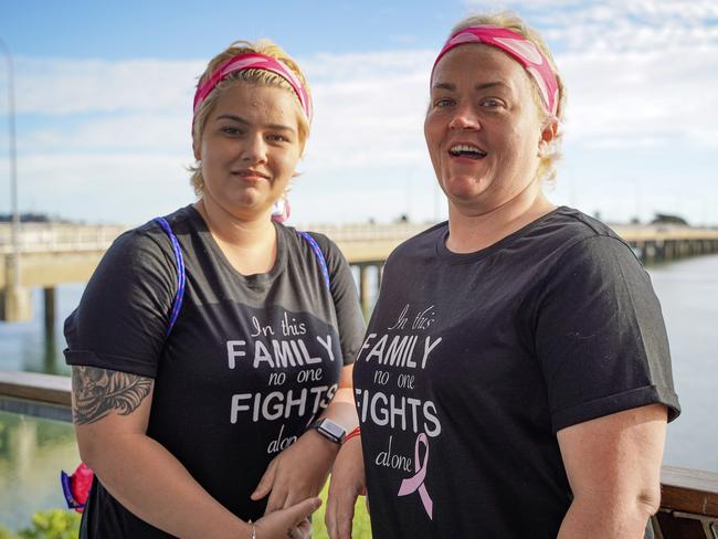 Taylor Giblett and Beth Sammut at the Mackay Mother's Day Classic fun run 2021. They are part of Team Nicola, in support of Ms Giblett's mum Nicola Sammut who is battling Stage 3 breast cancer. Heidi Petith