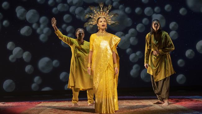 Meher Pavri as the Opera Singer, with Neil D'Souza as Krishna and Anaka Maharaj-Sandhu as Arjuna in Why Not Theatre Mahabharata (Shaw Festival, 2023). Photo by David Cooper.