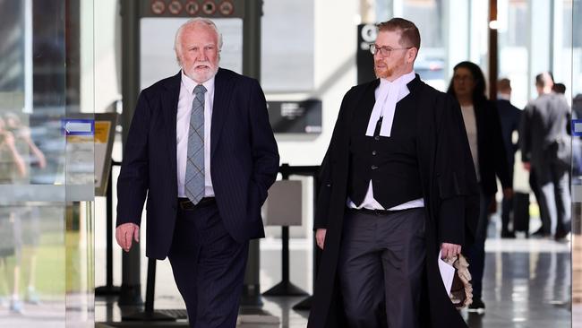 Lawyer Chris Hannay and Barrister Angus Edwards leave the Brisbane Magistrates Court in September after Jayden Moorea, aka Dan Shearin, had his murder charges dropped. Picture: NCA NewsWire/Tertius Pickard