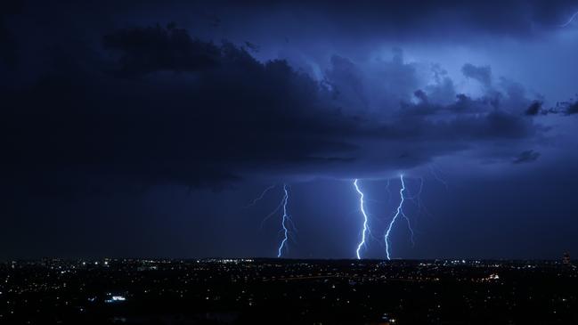 A fierce lightning storm seen in Sydney’s southwest from St Leonards north of the city. Picture: Damilare Polley