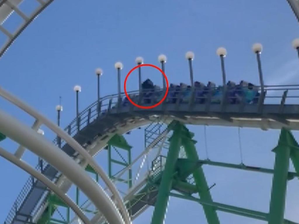 The man said he was celebrating his niece’s birthday at Castles N’ Coasters in Phoenix when the safety bar on a double-loop roller coaster unfastened seconds into the ride. Picture: News12