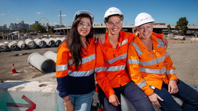 West Gate Tunnel workers Faranak Ghobadifar, Jayeden Quin and Jo Bradshaw. Picture: Jay Town