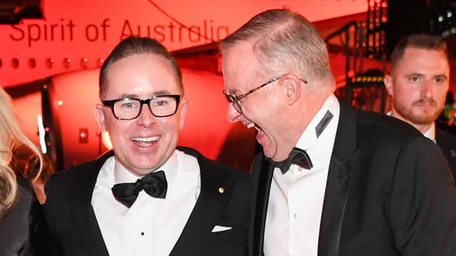 Former Qantas CEO Alan Joyce and Prime Minister Anthony Albanese at the Qantas 100th Gala Dinner in 2023.