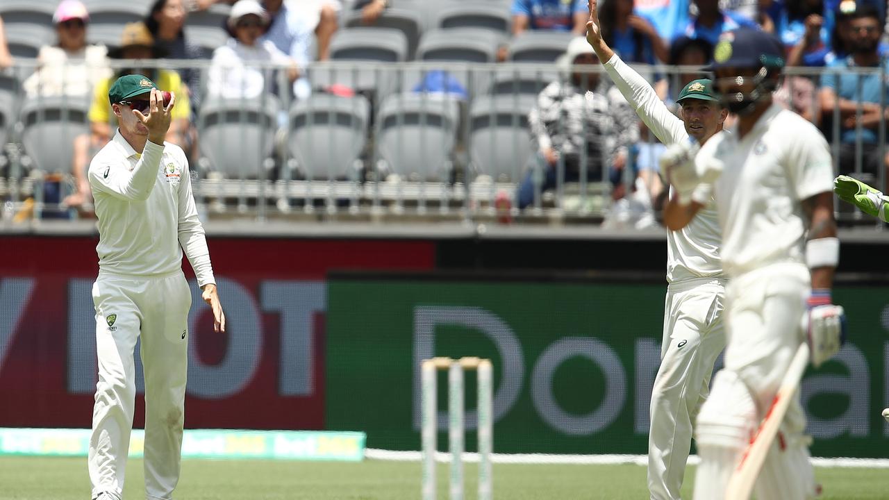 Peter Handscomb’s catch off Virat Kohli was a key moment the helped decide the second Test. 