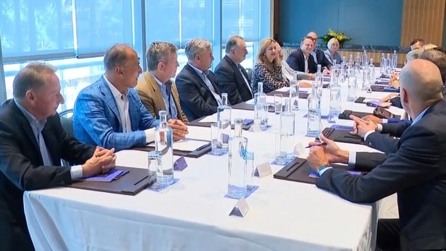 On the left side of the table are the Premier’s Chief of Staff Jim Murphy, Dr Reza Adib, AOC CEO Matt Carroll, AOC President Ian Chesterman, OCOG President Andrew Liveris, Ms Palaszczuk, IOC Vice-President John Coates, Lord Mayor Adrian Schrinner, BCC CEO Colin Jensen and Associate Director-General Kerry Petersen. Picture: 7 News