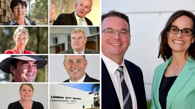 Former Logan mayor Luke Smith with ex-CEO Sharon Kelsey main photo: and, clockwise from top left; Cherie Dalley; Russell Lutton; Laurie Smith; Steve Swenson Jennie Breene; Phil Pidgeon and Trevina Schwarz.