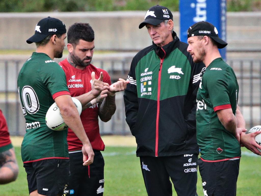 (LR) Cody Walker, Adam Reynolds Wayne Bennett and Damien Cook at the Rabbitohs in 2020. Photographer: Adam Yip