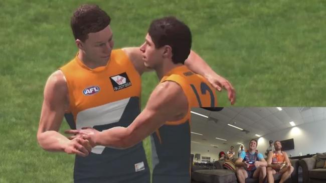 The GWS Giants play upcoming video game AFL Evolution. Supplied via GWS Giants club website.