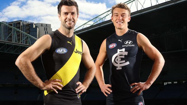 Richmond skipper Trent Cotchin and Carlton captain Patrick Cripps. Picture: Michael Klein