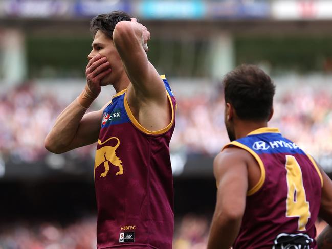 Eric Hipwood after kicking a goal from the paint. Picture: Robert Cianflone/AFL Photos via Getty Images.