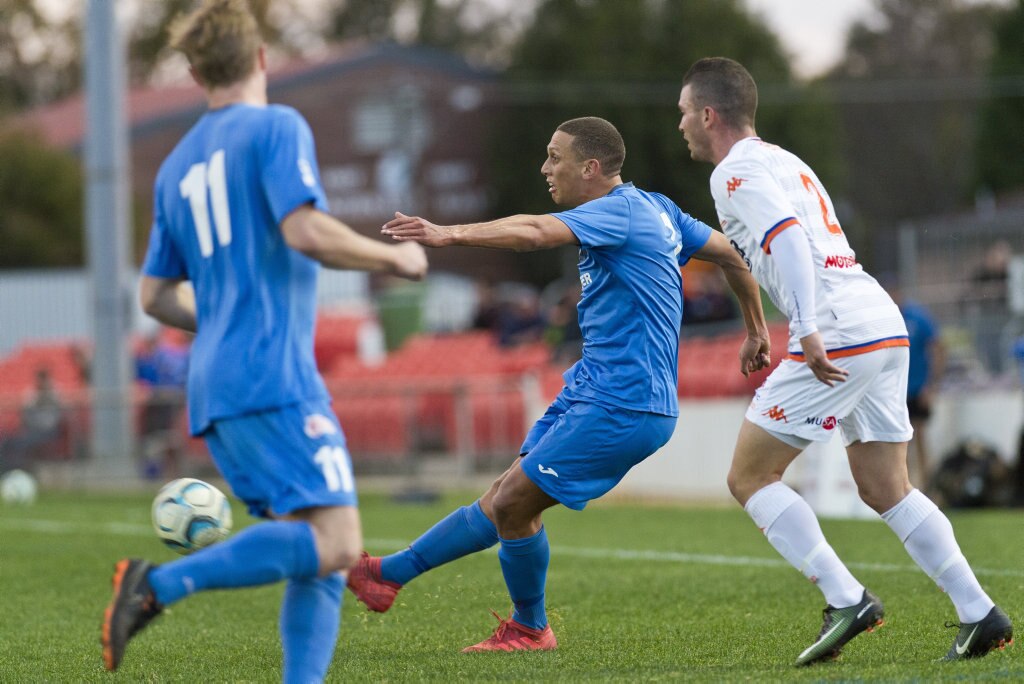 Travis Cooper for South West Queensland Thunder against Lions FC in NPL Queensland men round 22 football at Clive Berghofer Stadium, Saturday, July 28, 2018. Picture: Kevin Farmer