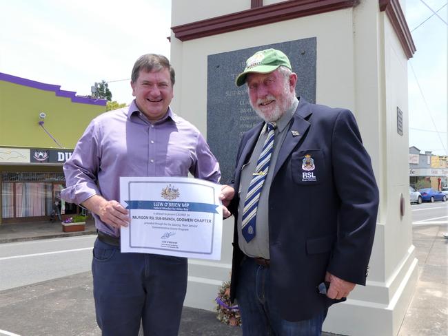 Federal Member for Wide Bay Llew O'Brien and Goomeri RSL member David Pitstock. Photo/Holly Cormack