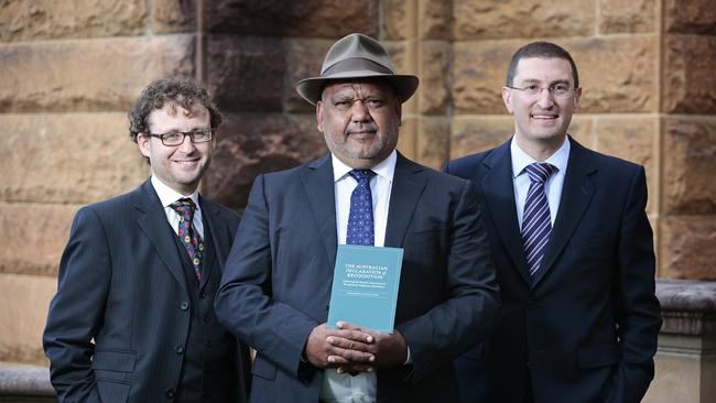 Top, voice architect Noel Pearson launches An Australian Declaration of Recognition at the State Library of NSW with Damien Freeman, left, and Julian Leeser. Picture: Adam Yip