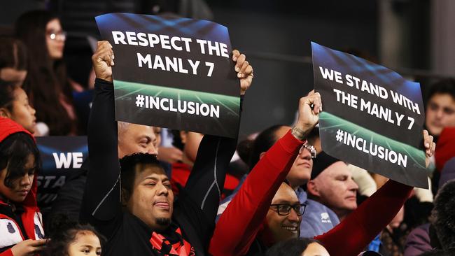 While many fans have been showing off their rainbow colours, others are standing in solidarity with the seven Manly players boycotting the game. Picture: Getty Images.