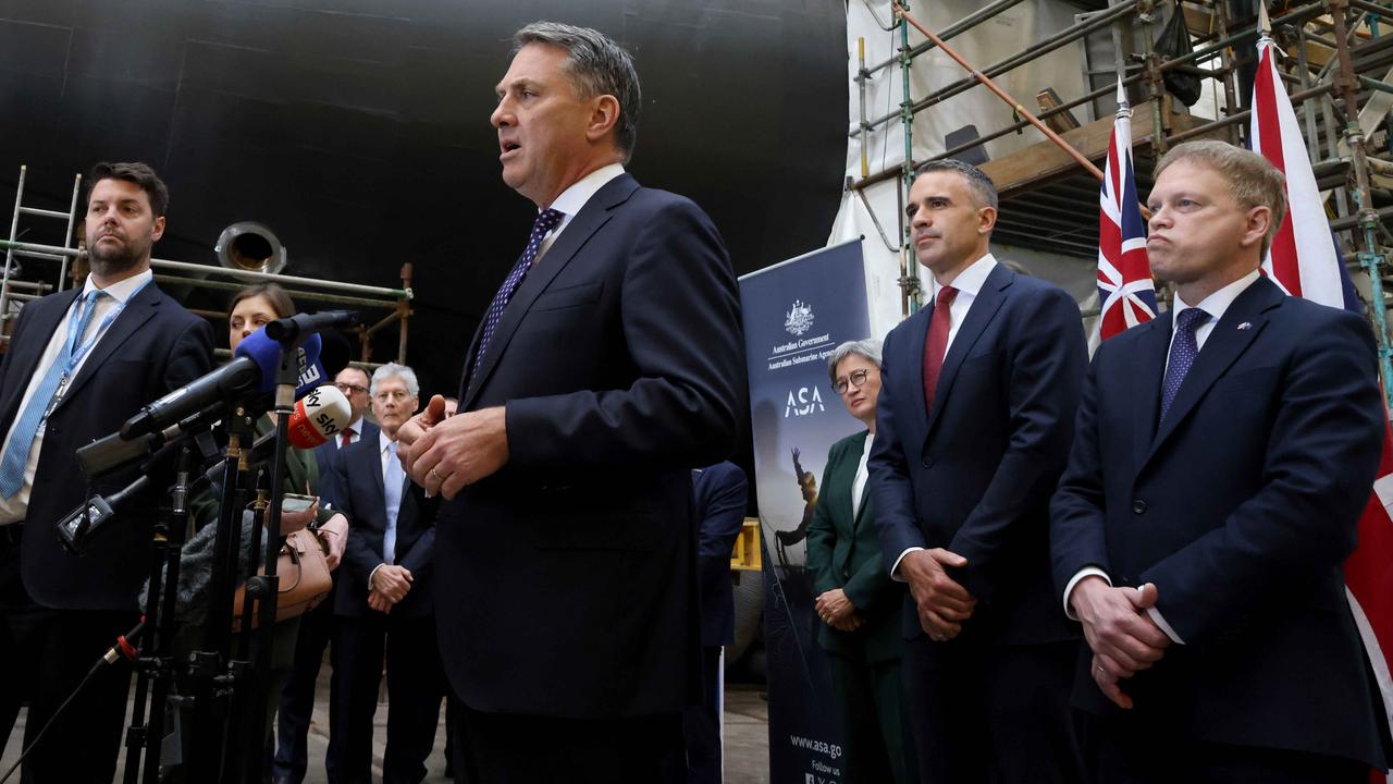 Defence Minister Richard Marles speaks at the press conference at the submarine build facility in Adelaide. Picture: NewsWire / Kelly Barnes