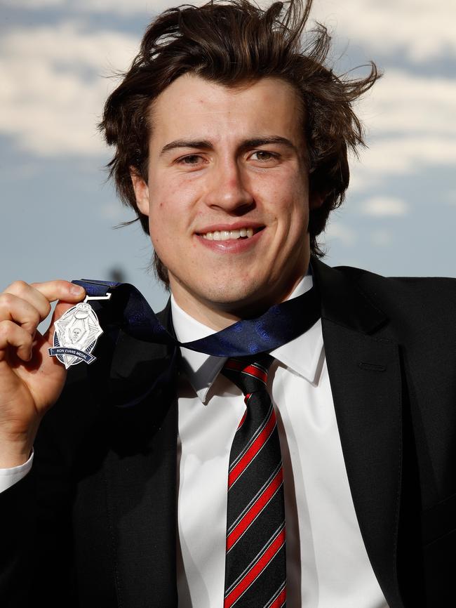 McGrath with the Ron Evans medal for the AFL’s Rising Star. Pic: Getty Images