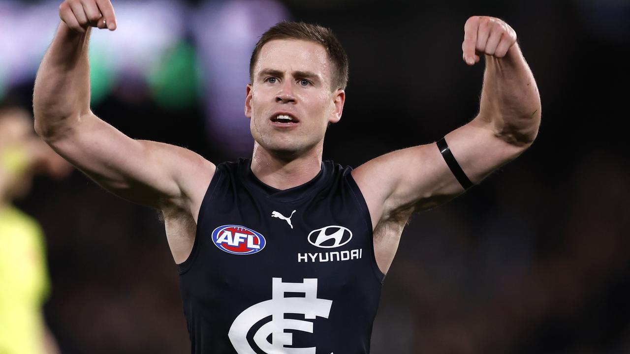 MELBOURNE, AUSTRALIA - JULY 21: Matthew Owies of the Blues celebrates a goal during the round 19 AFL match between Carlton Blues and North Melbourne Kangaroos at Marvel Stadium, on July 21, 2024, in Melbourne, Australia. (Photo by Darrian Traynor/Getty Images)