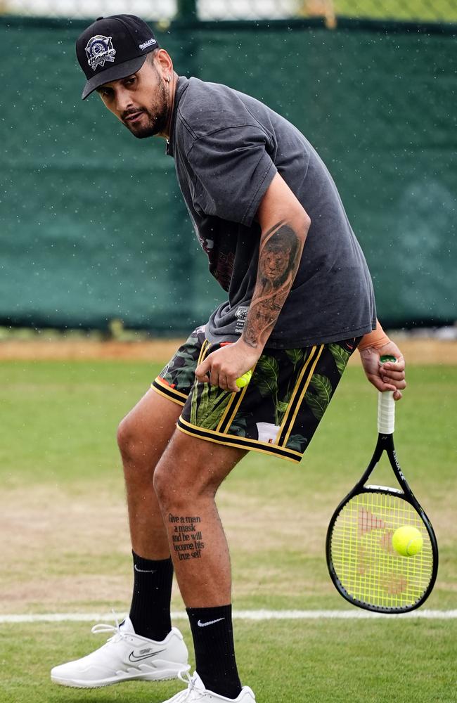 Nick Kyrgios practices at Wimbledon in 2024. Picture: Aaron Chown/PA Images via Getty Images