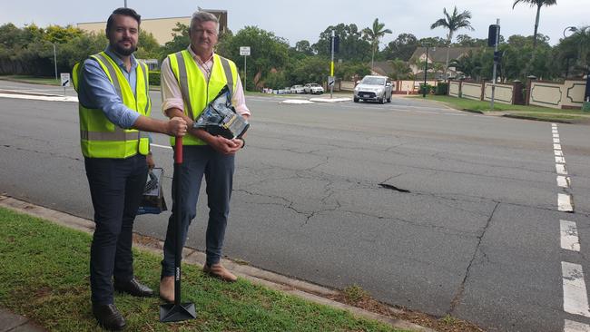 Cr Jared Cassidy (Deagon) and Pat Condren at a pothole in Brisbane’s northside. Picture: Ellen-Maree Elliot