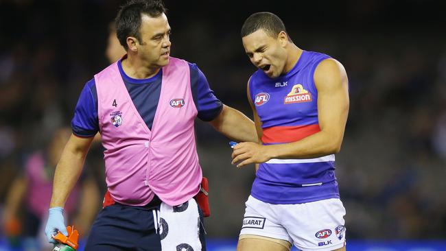 Jason Johannisen injures his hamstring against Carlton.