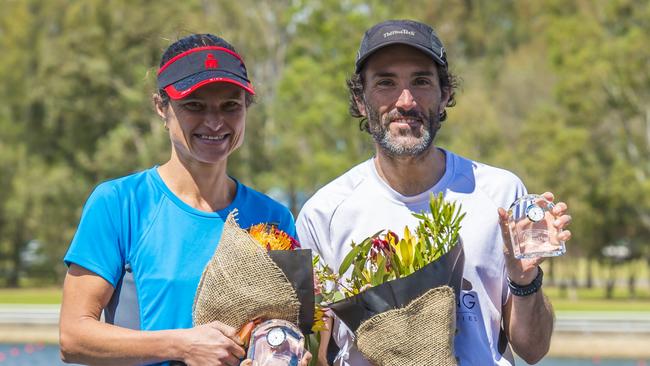 Western Sydney Marathon winners Heidi Rickard and Brendan Davies celebrate. Picture: JGRimages